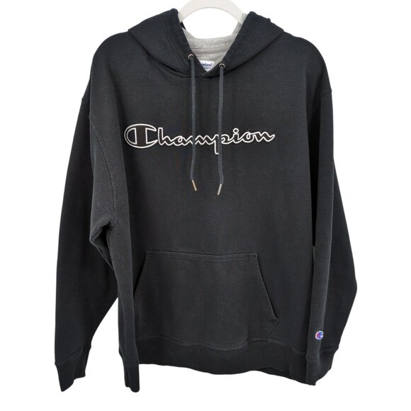Champion Black Hoodie XL Script Logo Pullover Sweatshirt Fleece Streetwear - Picture 1 of 9